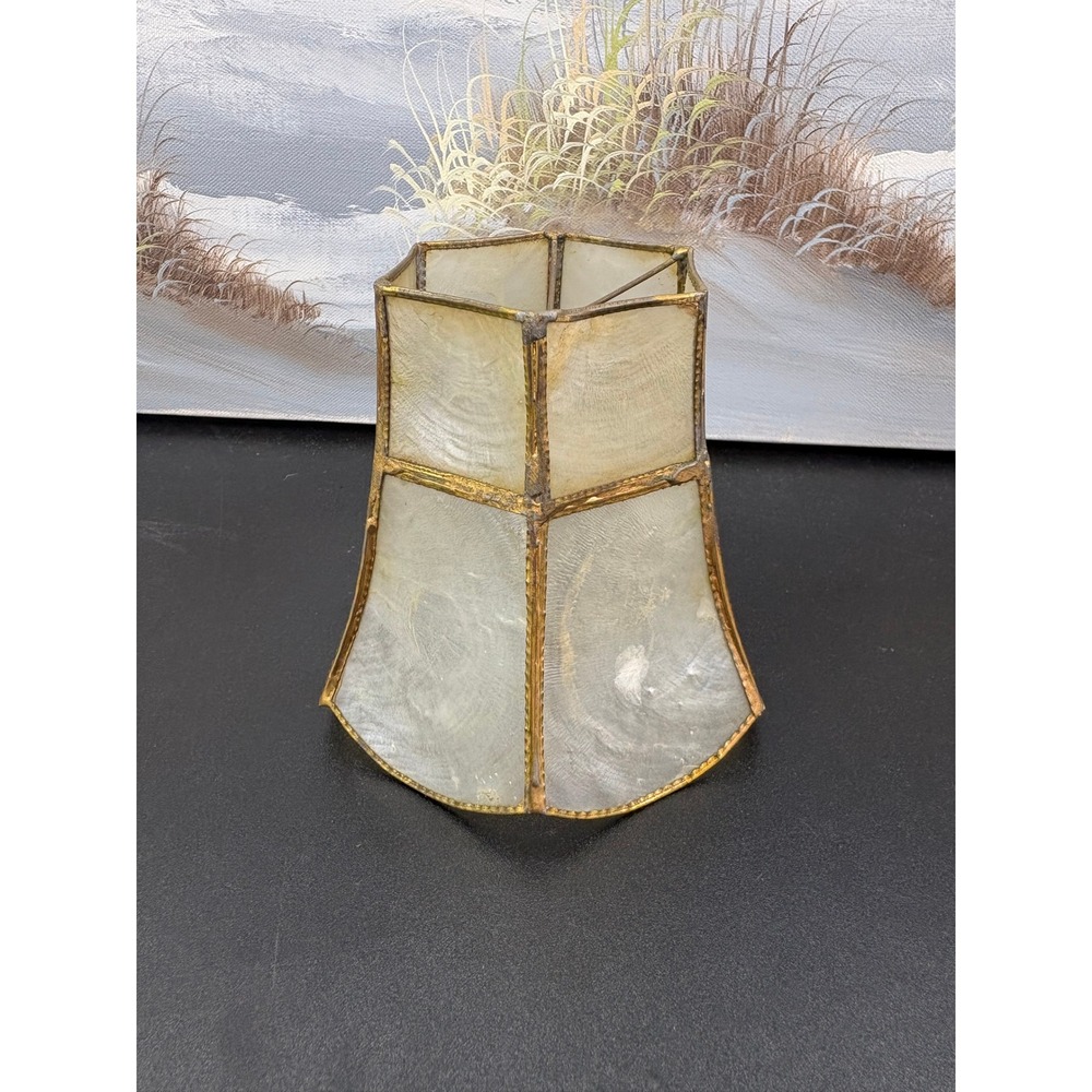 Vintage Capiz Shell Hexagon Lamp Shade Gold Brass Trim Clip On Small Accent 5.5"